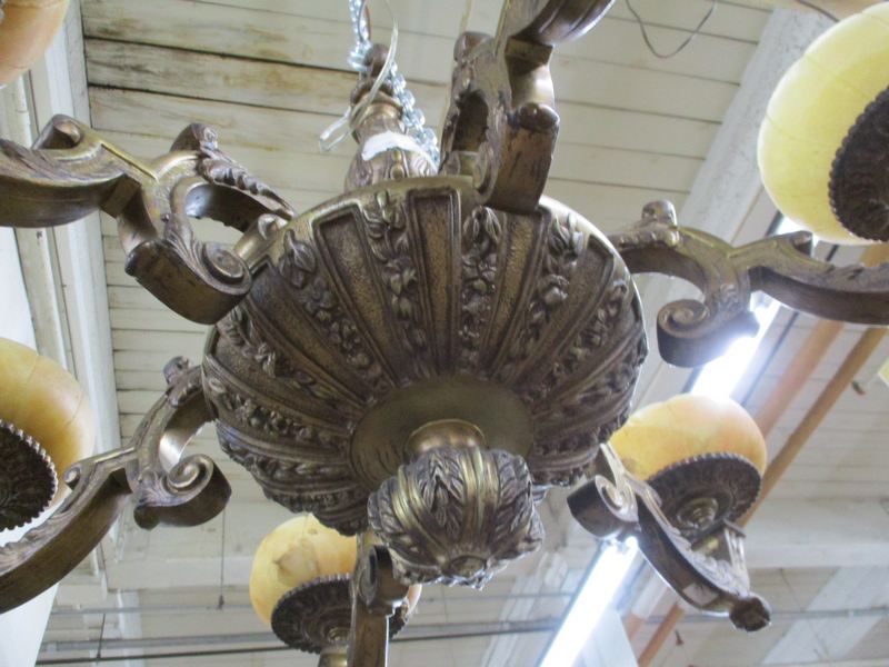 Antique ornate Art Deco 5 arm brass alabaster hanging chandelier